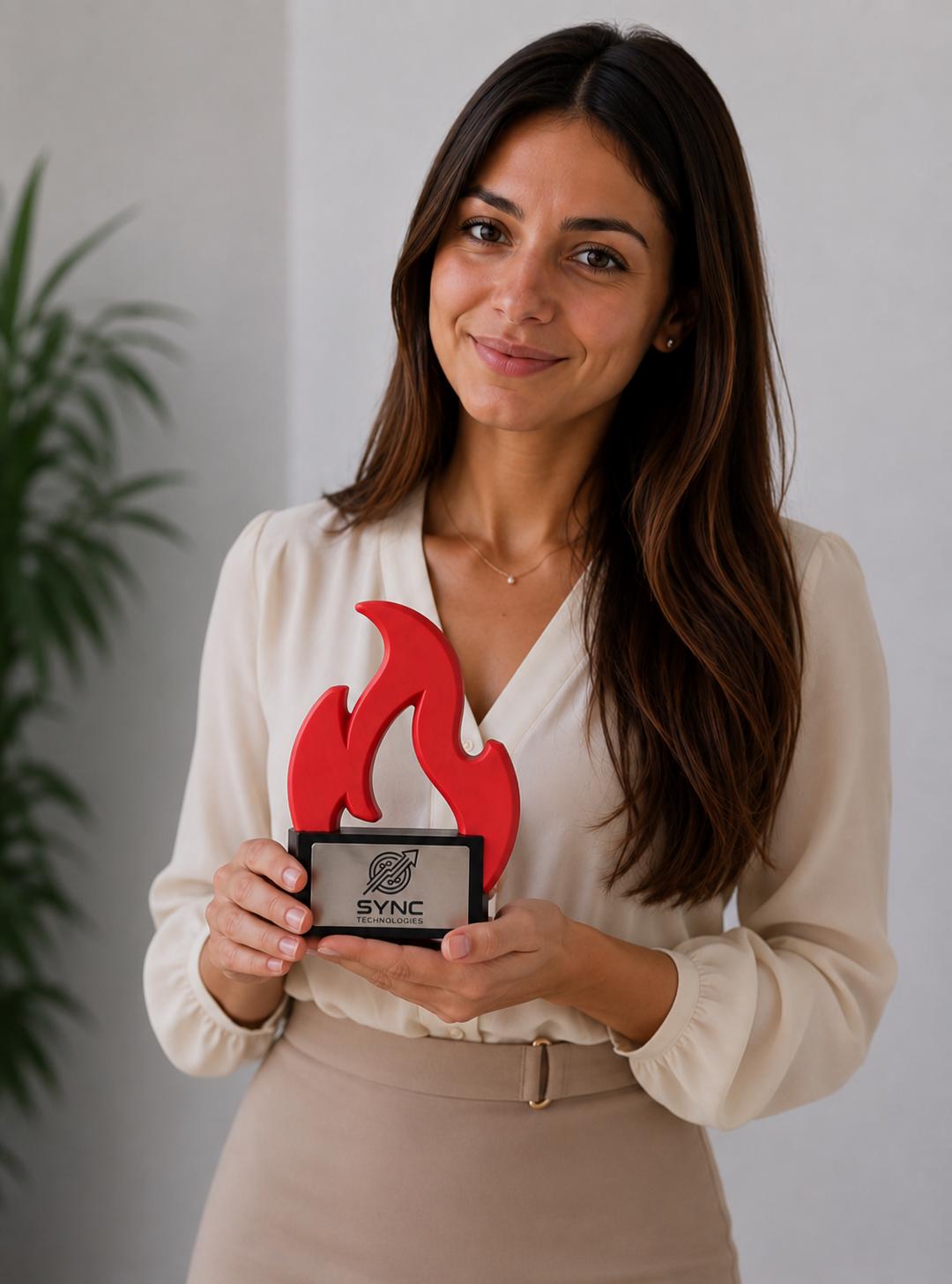 Trofeo Aziendale Personalizzato "Fiamma" in Stampa 3D - Premio Business con Base in Legno Incisa - Riconoscimento Moderno per Leadership