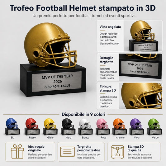 Trofeo Casco Football Americano Personalizzato - Premio MVP Gridiron League 2026 - Statuetta Stampa 3D in PLA Nero Opaco - Regalo Football