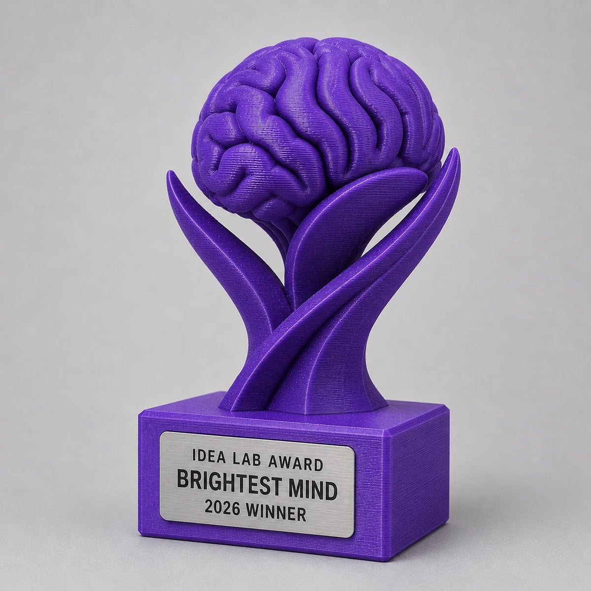 Trofeo Cervello Personalizzato in PLA 3D – Brightest Mind Award 2026 – Premio Migliore Idea con Targhetta Effetto Acciaio