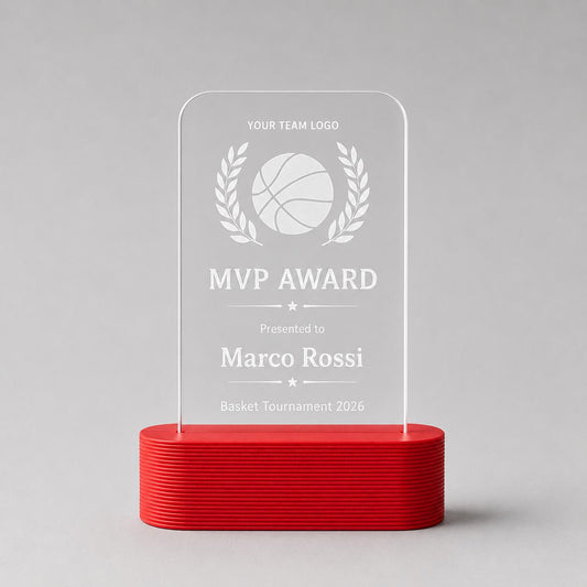 Trofeo sportivo personalizzato in plexiglass inciso, premio MVP con logo squadra, award torneo con base PLA 3D