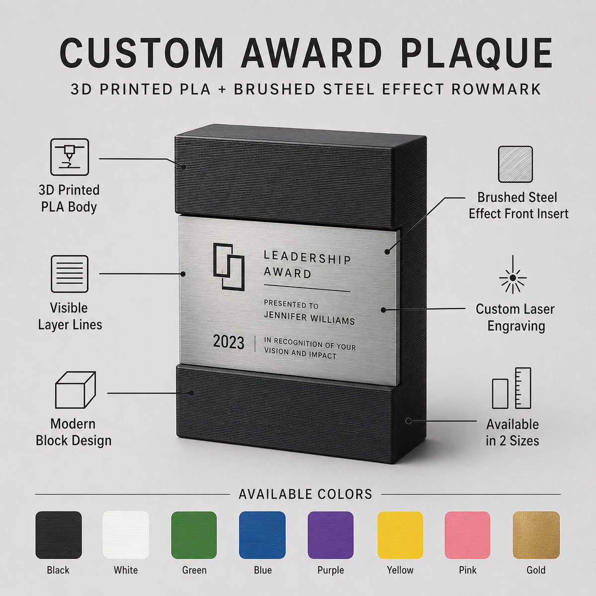 Placca Premio Aziendale Minimalista in Stampa 3D e Acciaio Spazzolato | Trofeo di Riconoscimento Personalizzato Moderno | Premio Leadership