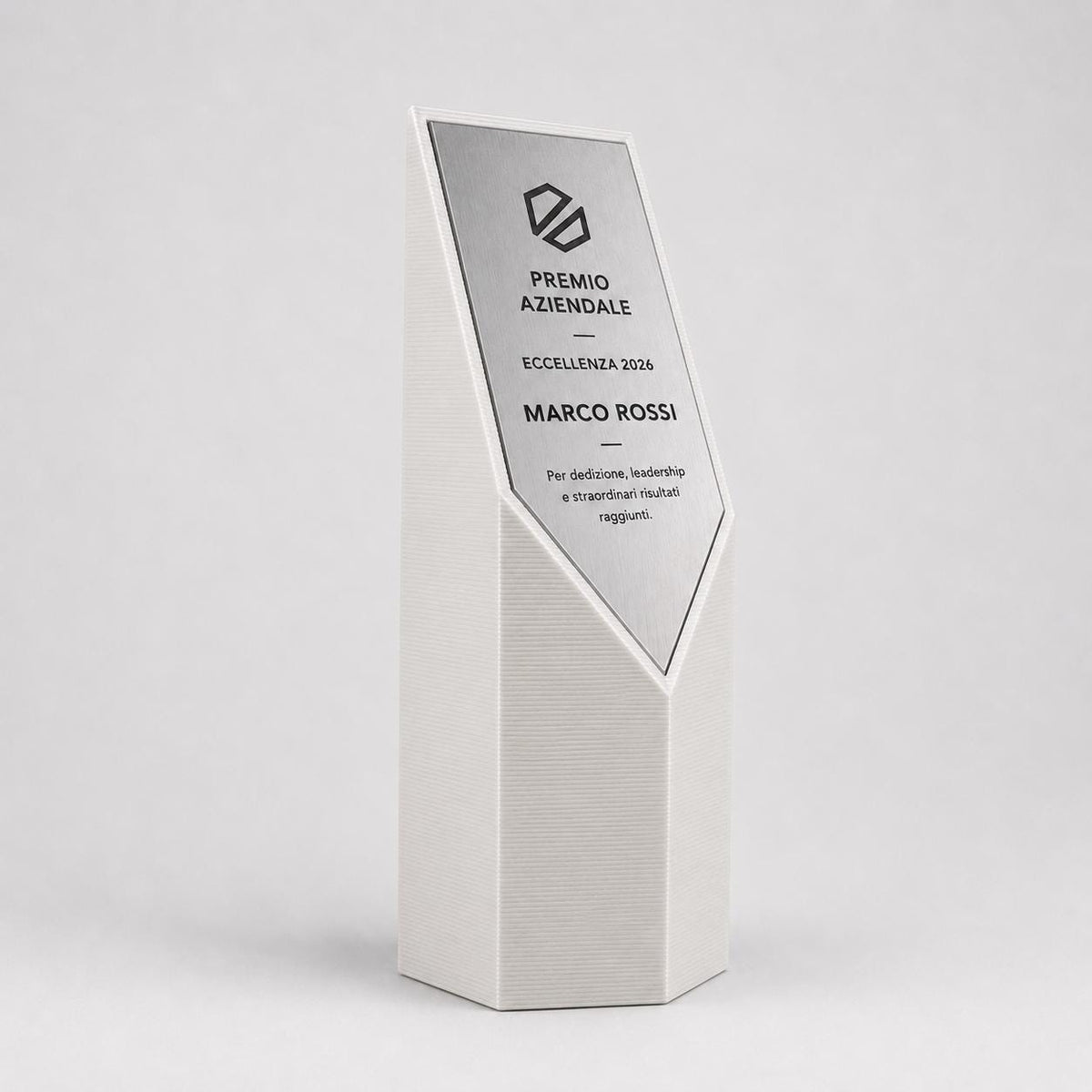 Trofeo Aziendale Personalizzato Stampa 3D Bianco Minimal, Premio Eccellenza Professionale e Leadership, Targa Acciaio Incisa a Laser