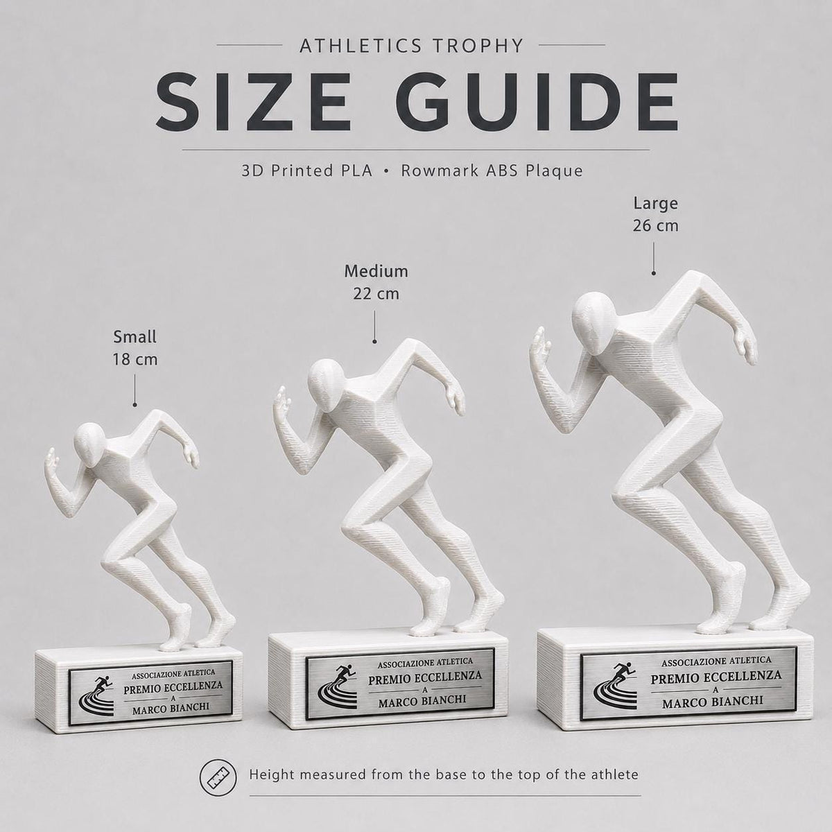 Trofeo Atletica Personalizzato Stampa 3D Bianco, Premio Corsa e Podismo in Stame Geometrico Low-Poly, Targa Acciaio Incisa a Laser Gara