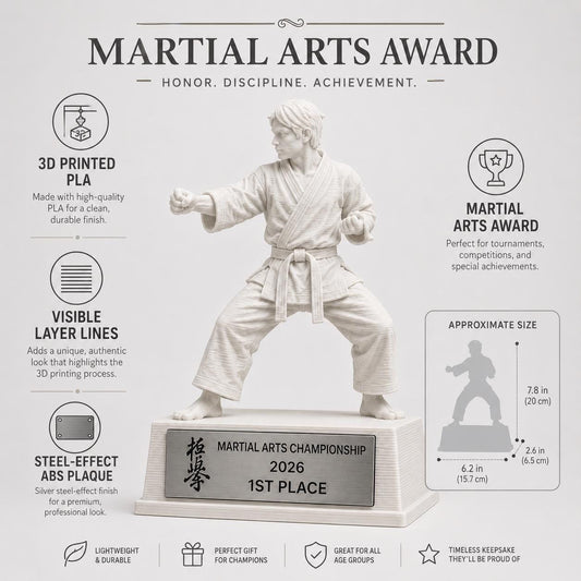 Trofeo arti marziali personalizzato in stampa 3D, premio karate judo taekwondo, martial arts award, targa ABS effetto acciaio, trofeo PLA