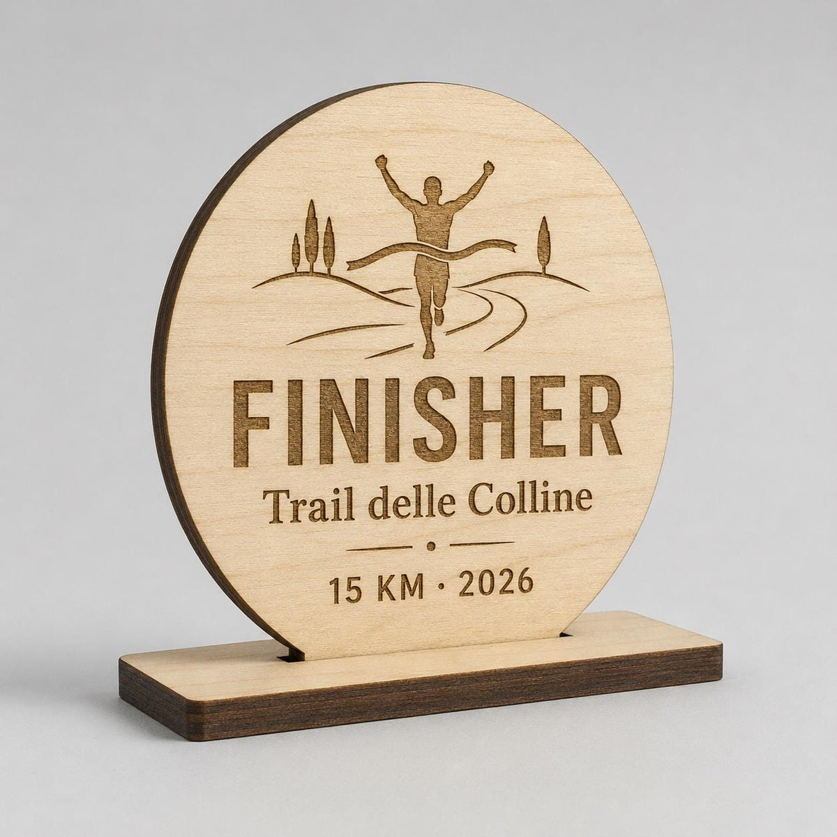 Trofeo Finisher Legno Personalizzato Gara Sportiva Corsa Trail | Premio Maratona e Ciclismo Ecologico, Targa Podismo Incisa Laser