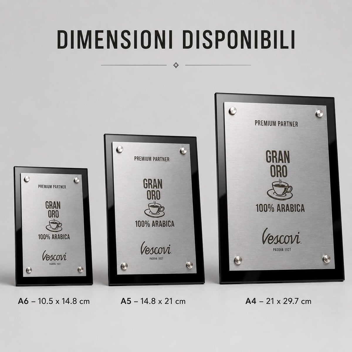 Targa Espositore Premium Partner Personalizzata Piastra Effetto oro rosa Spazzolato con Borchie Cromate - Insegna da Banco per Bar e Negozi
