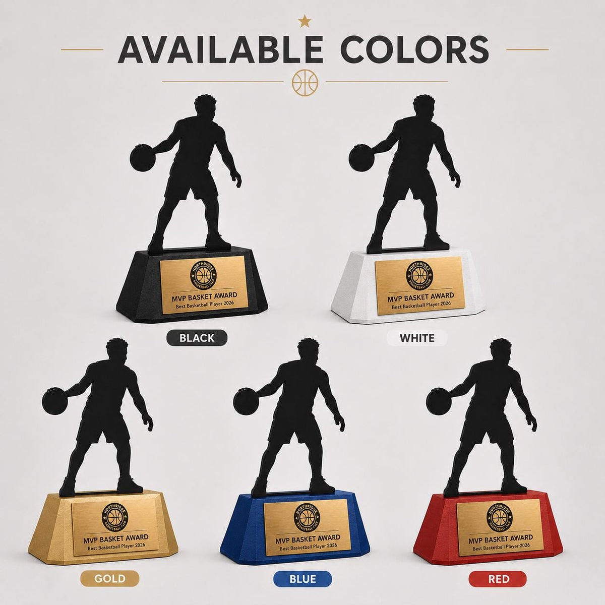 Trofeo Basket Personalizzato - Statuetta Sagoma Basketball player in Plexiglas Nero - Base3D con Targa Premio Miglior Giocatore MVP