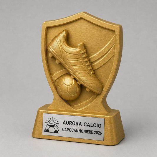 Trofeo calcio capocannoniere personalizzato con logo, premio in stampa 3D con targhetta acciaio incisa