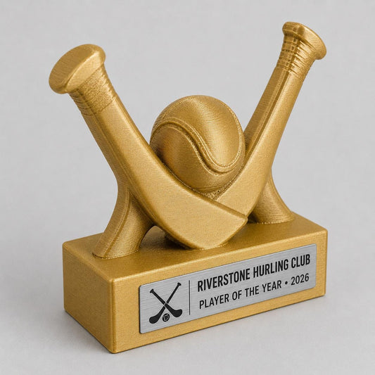 Trofeo Hurling e Camogie 3D Personalizzato, Premio con Hurley, Logo e Targhetta Acciaio
