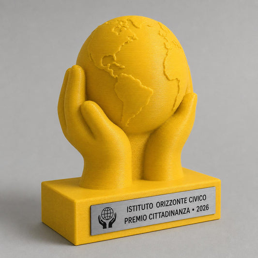 Trofeo Cittadinanza Attiva 3D Personalizzato, Premio Scolastico con Globo, Logo e Targhetta Acciaio
