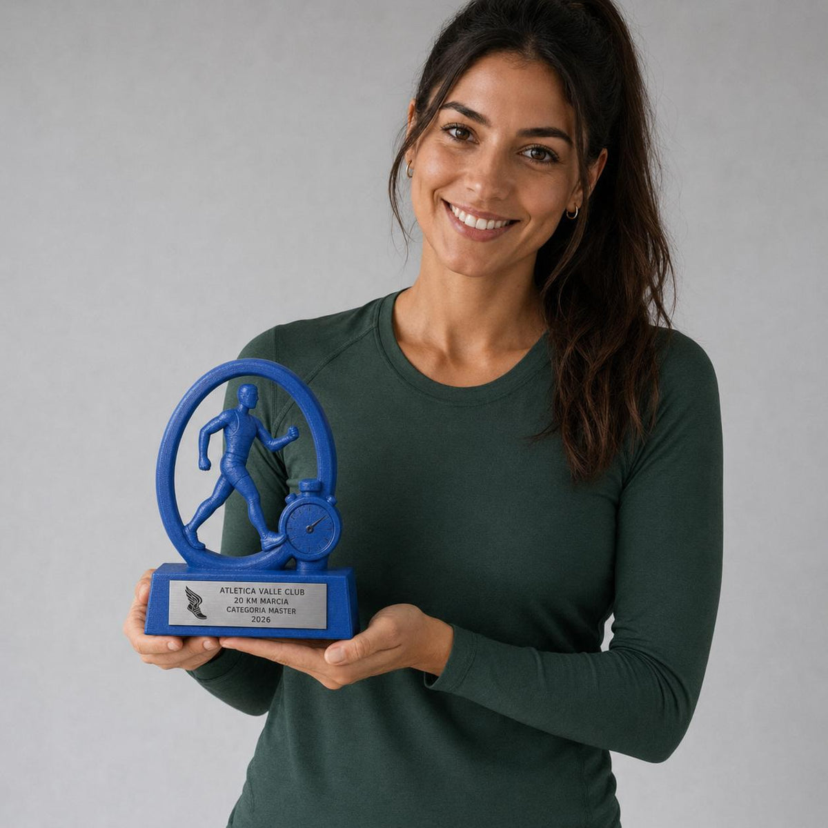 Trofeo Marcia Atletica Personalizzato con Atleta e Cronometro, Premio Race Walking per Gare, Club e Categorie con Logo