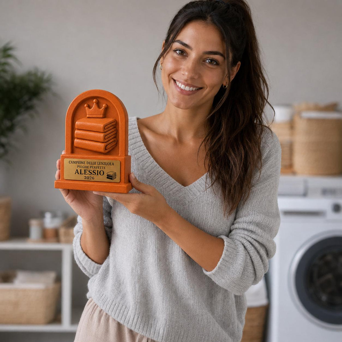 Trofeo Campione delle Lenzuola Piegate Personalizzato, Regalo Divertente per Casa, Coppia, Famiglia o Coinquilino