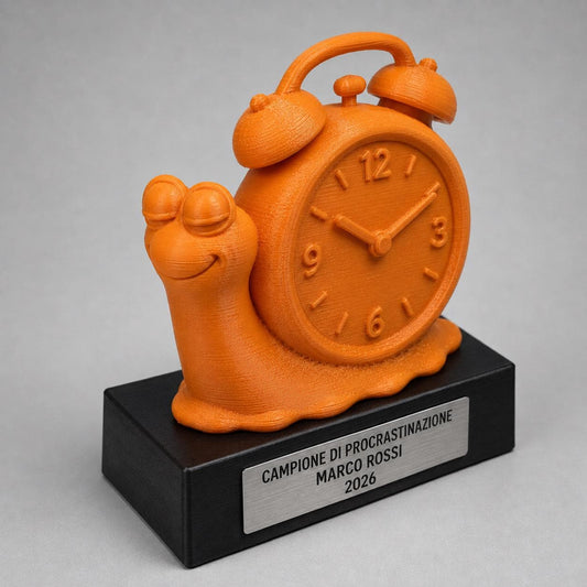 Trofeo Campione di Procrastinazione Personalizzato, Lumaca con Sveglia, Regalo Divertente per Collega, Amico o Ufficio