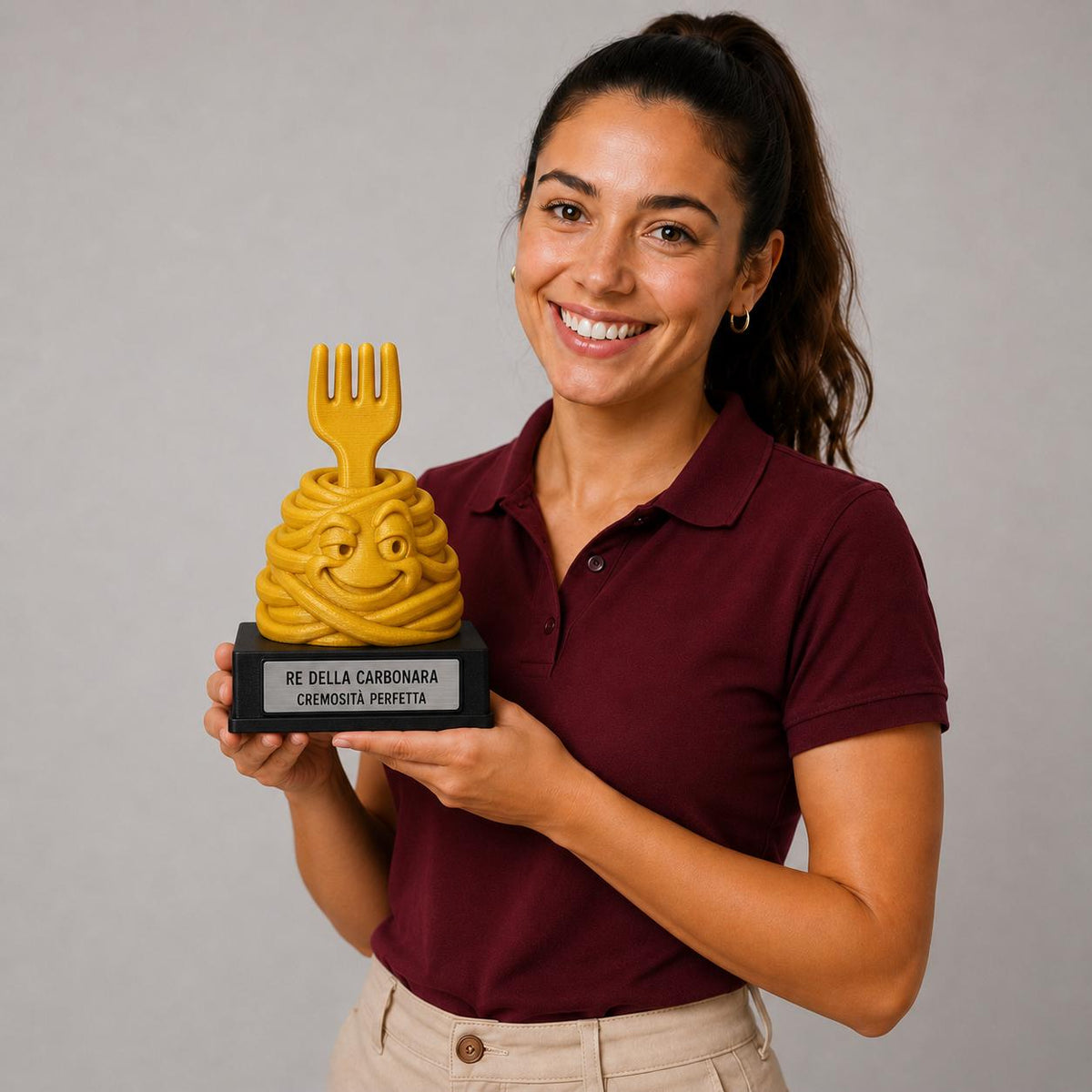 Trofeo Re della Carbonara Personalizzato, Premio Divertente per Cuoco Amico o Famiglia, Statuetta Pasta 3D, 15 18 o 22 cm