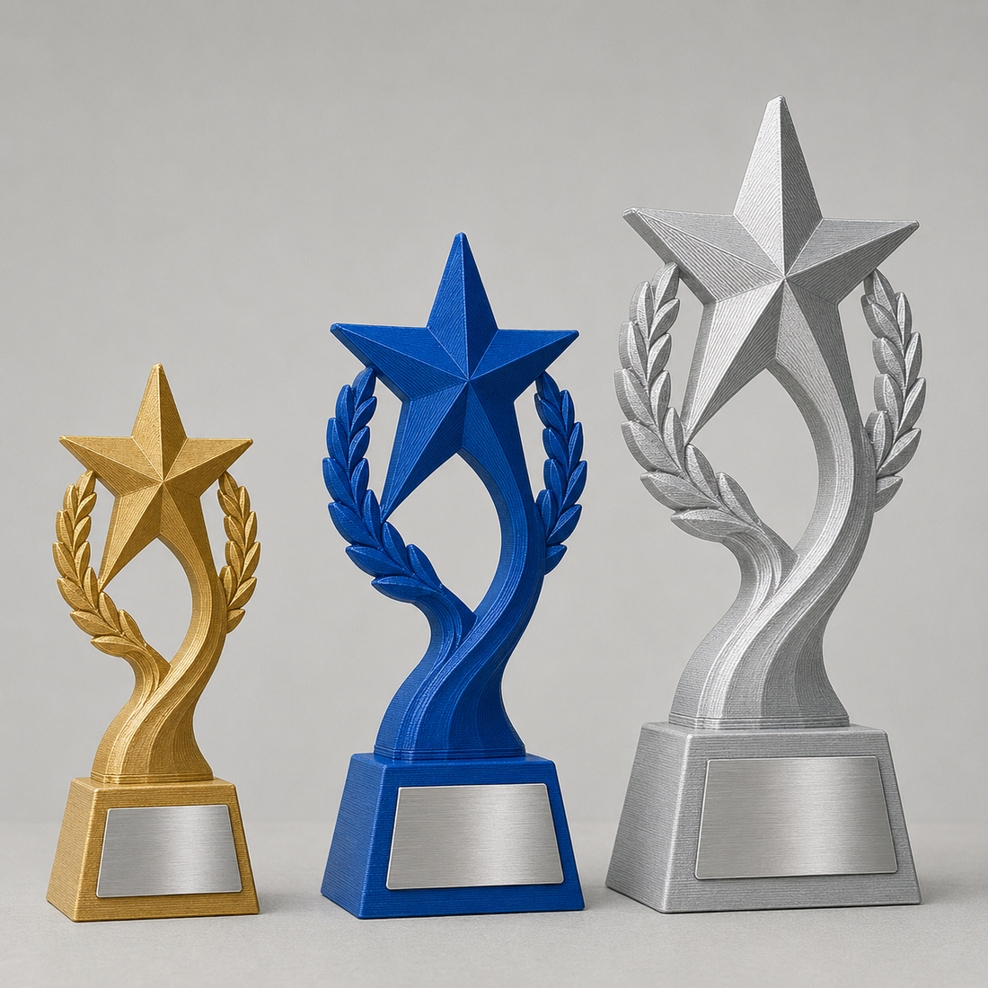 Tre dimensioni e colori di trofeo personalizzato in stampa 3D