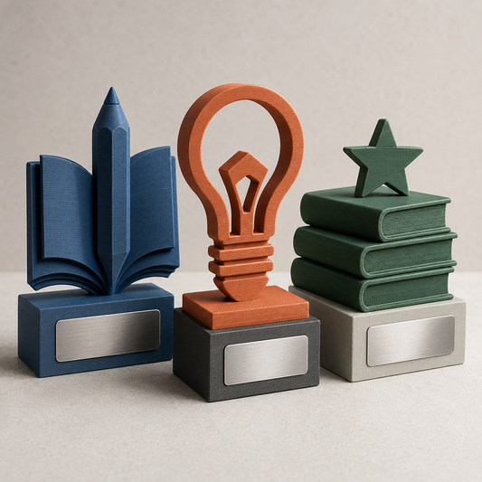 Tre trofei in PLA per la Giornata mondiale degli insegnanti con libro, lampadina e stella