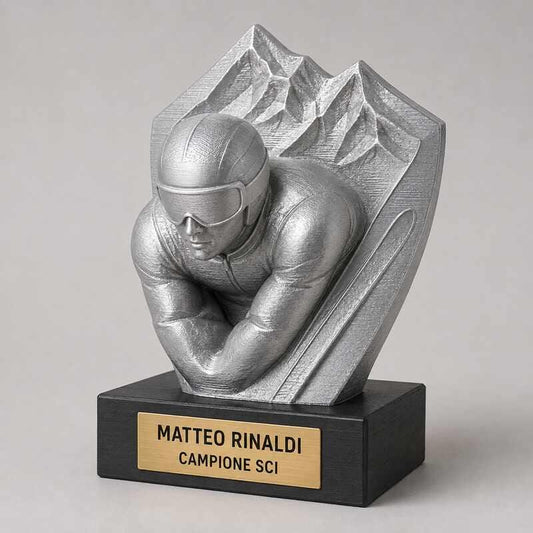 Trofeo personalizzato per gara di sci con sciatore e targhetta incisa