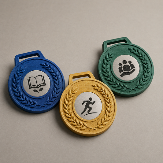 Tre medaglie personalizzate in stampa 3D per sport, scuola e associazioni
