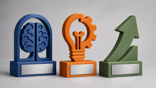 Tre trofei personalizzati in PLA per hackathon, innovazione e startup