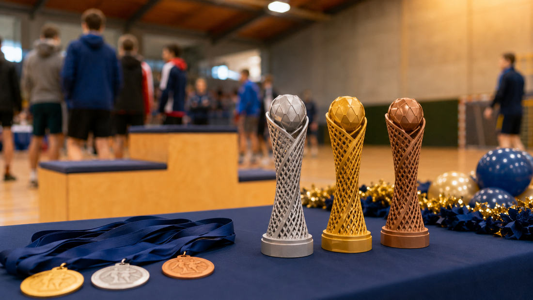 Trofei e medaglie preparati per una premiazione sportiva