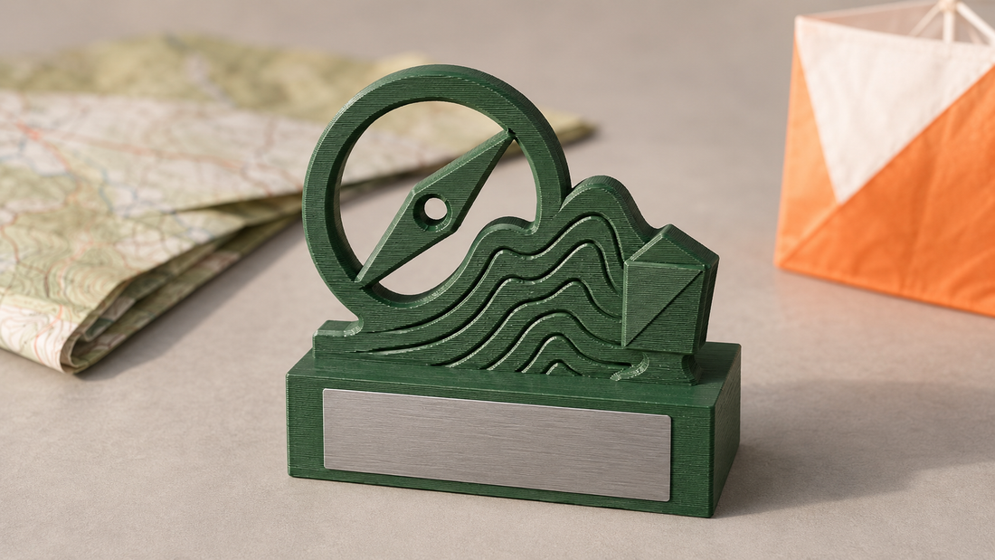 Trofeo 3D verde per gara di orienteering con bussola, curve di livello e base rettangolare