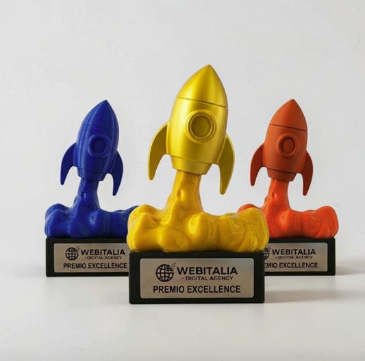 Trofeo Aziendale "Razzo" in Stampa 3D - Premio Business Personalizzato con Base in Legno - Riconoscimento Anniversario e Successi