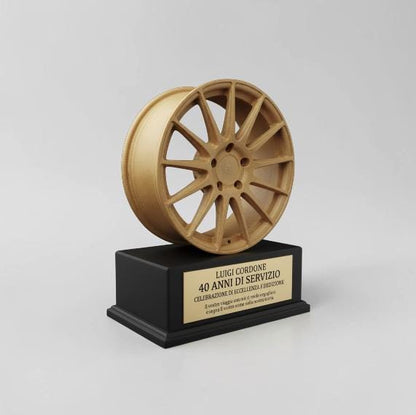 Trofeo Automotive Personalizzato in Stampa 3D | Premio Aziendale con Cerchio Auto e Targa Incisa | Idea Regalo Anniversario Lavoro