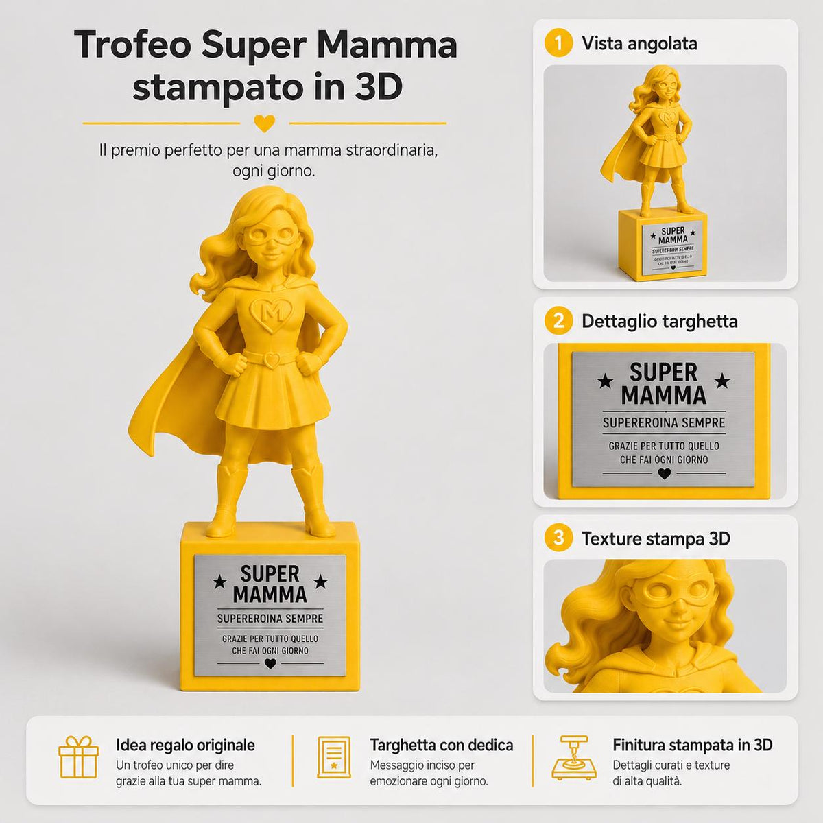 Trofeo Super Mamma Personalizzato - Statuetta Cartoon Stampata 3D Divertente - Regalo Festa della Mamma, Compleanno - Base Acciaio Incisa