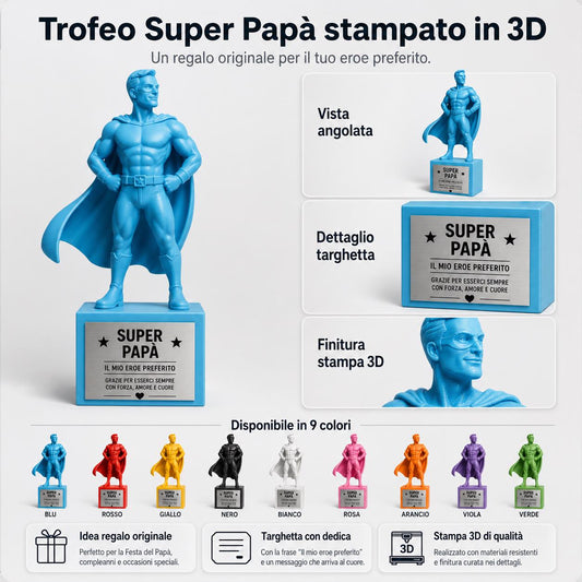 Trofeo Super Papà Personalizzato - Statuetta Cartoon Stampata 3D Divertente - Regalo Festa del Papà, Compleanno - Base acciaio Incisa