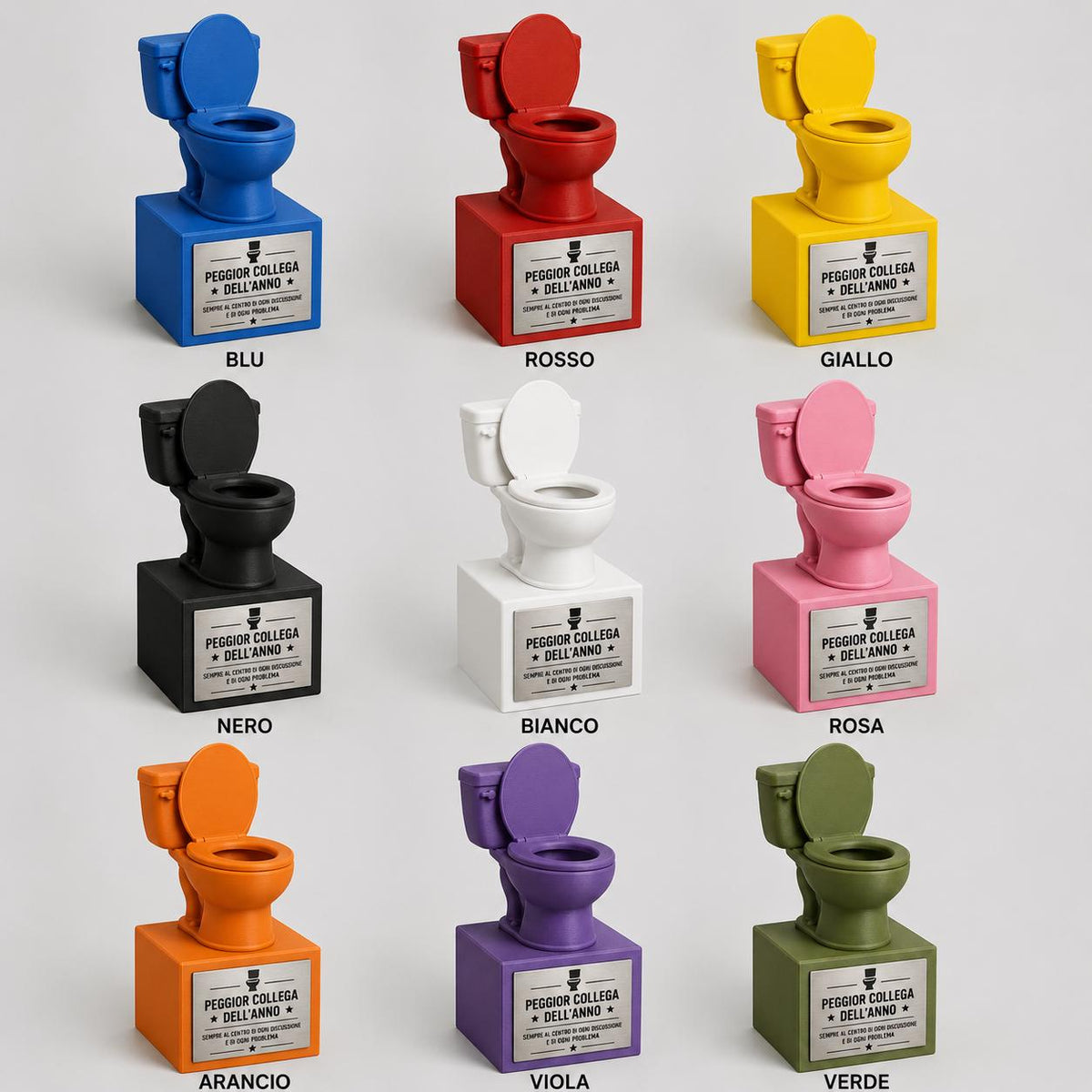 Premio ironico realizzato in stampa 3D PLA con design originale a forma di gabinetto, perfetto per scherzi tra colleghi, amici
