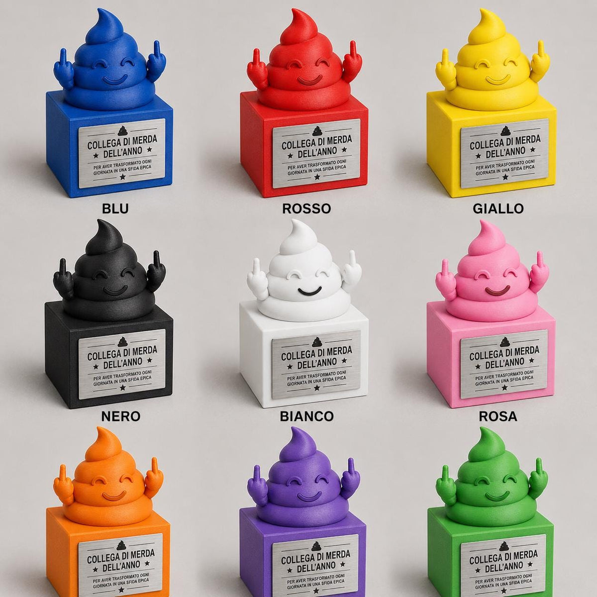 Premio ironico realizzato in stampa 3D PLA con design originale a forma di “cacca simpatica”, perfetto per scherzi tra colleghi, amici