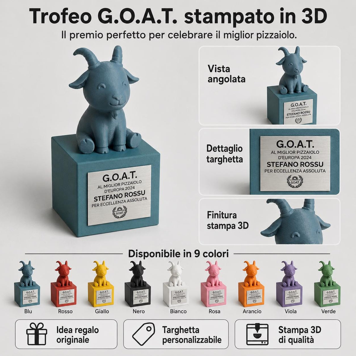 Trofeo G.O.A.T in pla - Premio GREATEST of all TIME - Regalo Simpatico per amici Cucina - Statuetta Capra mvp most valuable player