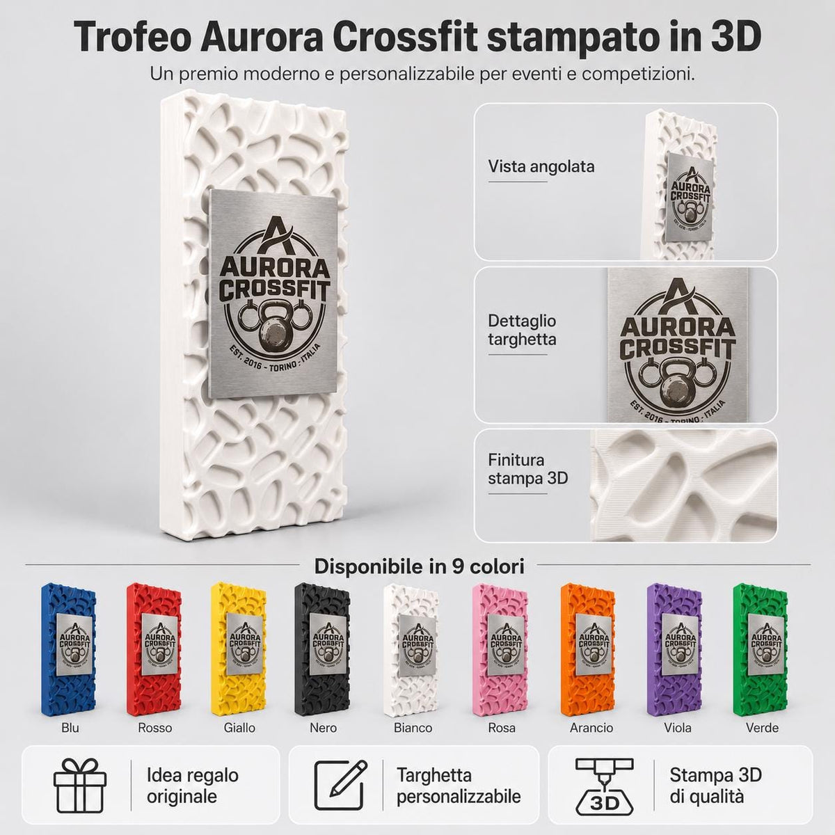Targa premio Bianca rettangolare di Design Parametrico Personalizzabile – Scultura Voronoi in PLA e Targa in abs Metallo Spazzolato