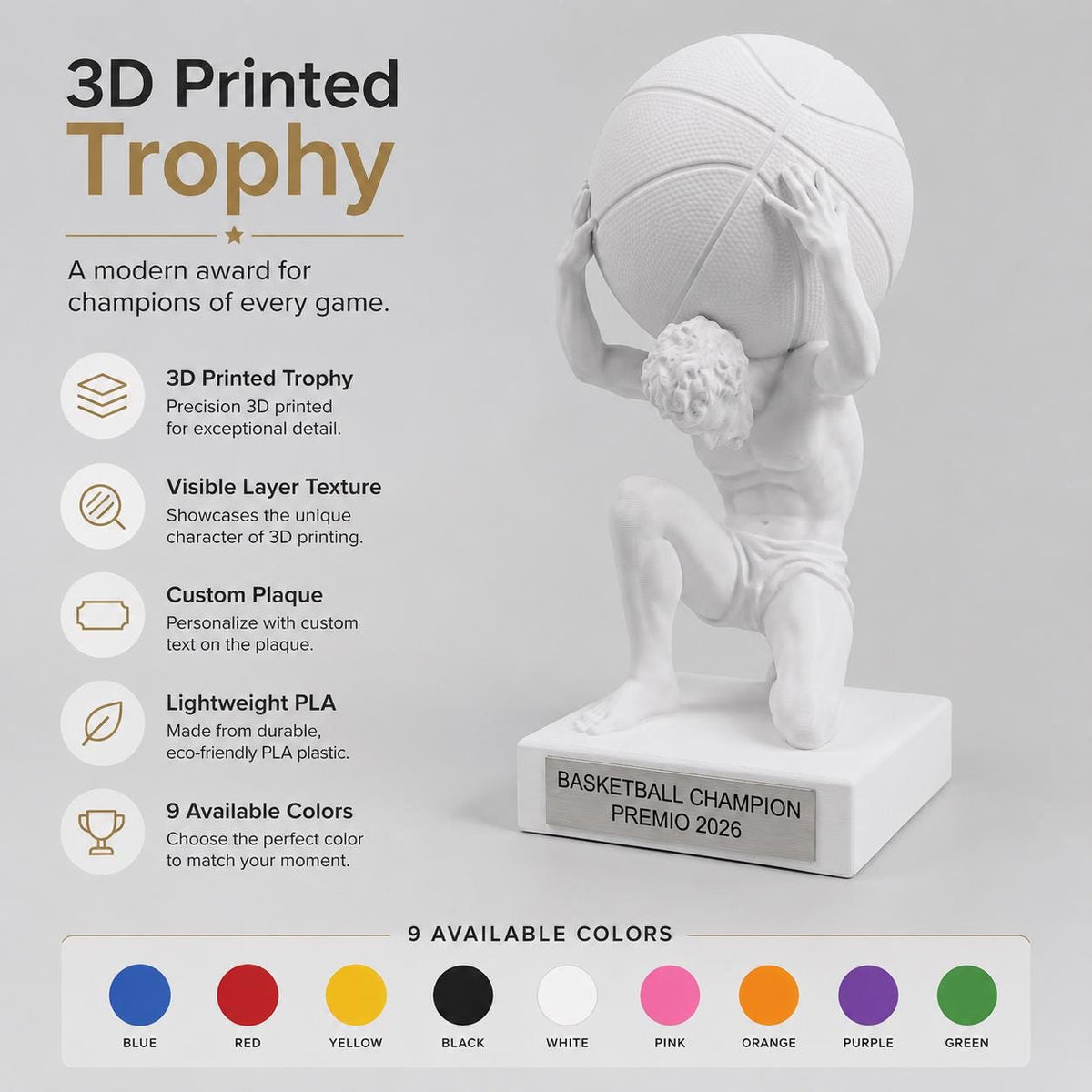 Trofeo Basketball "Atlas" – Premio Campione di Basket in Stampa 3D. miglior giocatore pallacanestro del torneo fantabasket pallacanestro