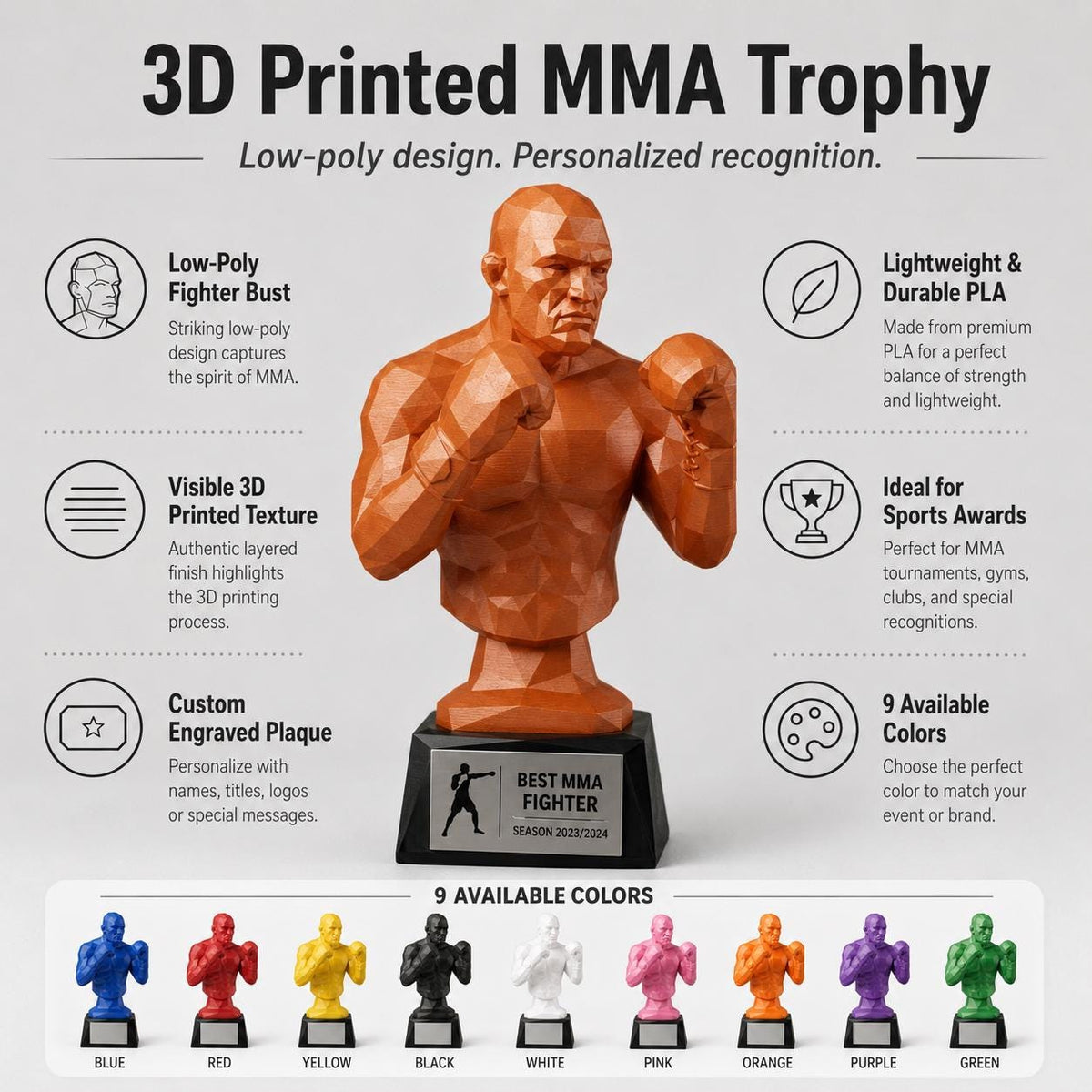 Trofeo Boxe Personalizzato 3D - Pugile MMA - Premio Miglior Combattente - Trofeo "Elite Fighter" – Stile Low-Poly Design
