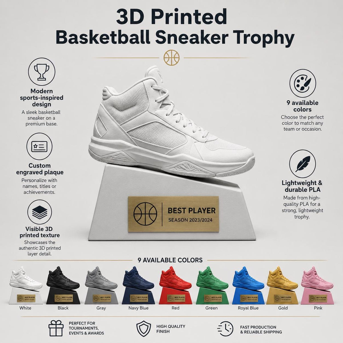 Trofeo Scarpa da Basket Personalizzato 3D - Premio Miglior Giocatore Torneo - Regalo Sportivo Moderno trofeo sneakers da pallacanestro