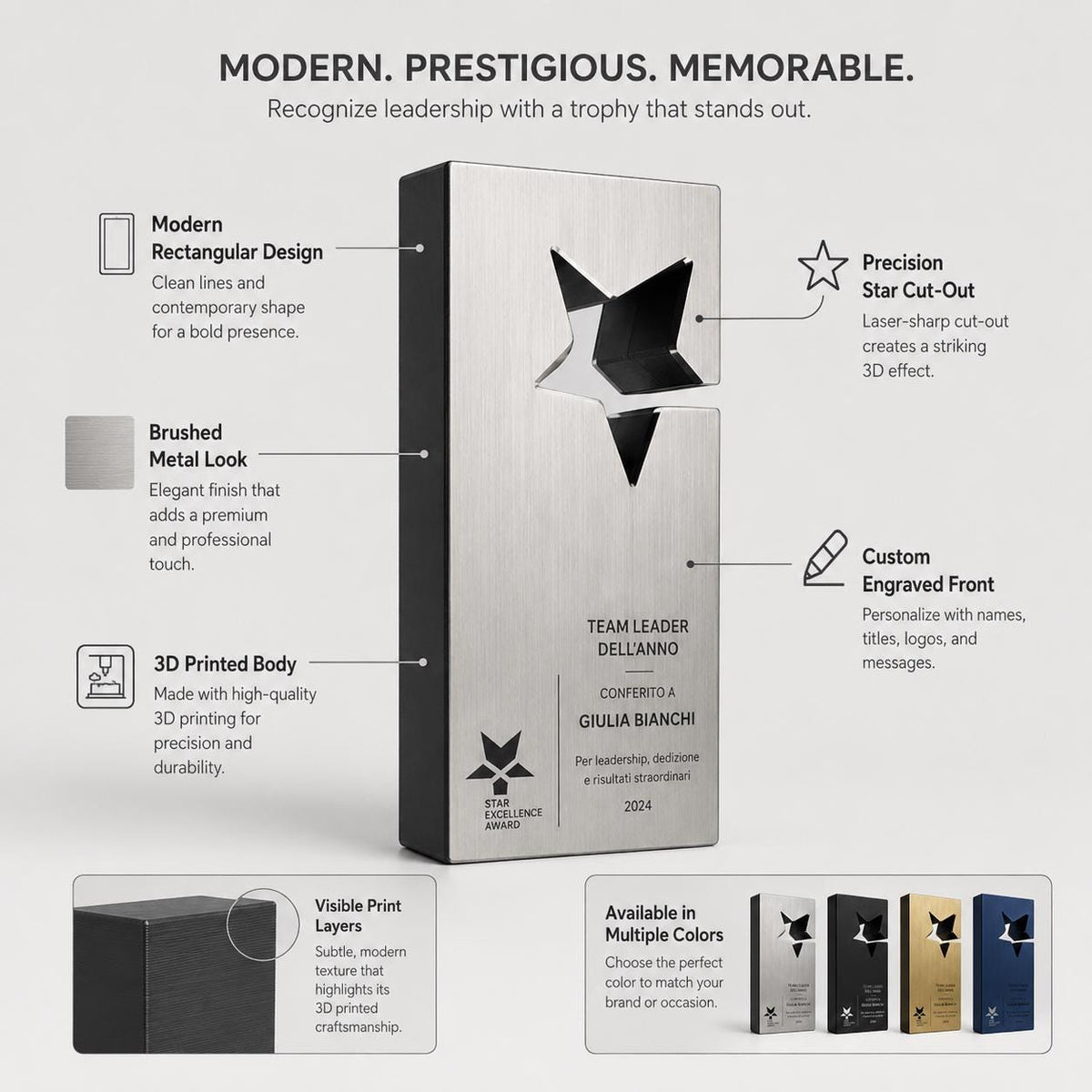 Modern Star Excellence Award Trofeo Personalizzato in Stampa 3D Trofeo a Stella Excellence Premio per Eccellenza Innovativa e Riconoscimento