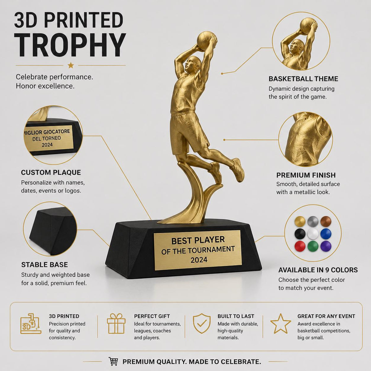 Trofeo Basket Personalizzato 3D - Statuetta MVP Schiacciata Dorata - Premio Miglior Giocatore Torneo - Regalo Sportivo Moderno