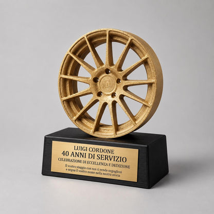 Trofeo Automotive Personalizzato in Stampa 3D | Premio Aziendale con Cerchio Auto e Targa Incisa | Idea Regalo Anniversario Lavoro