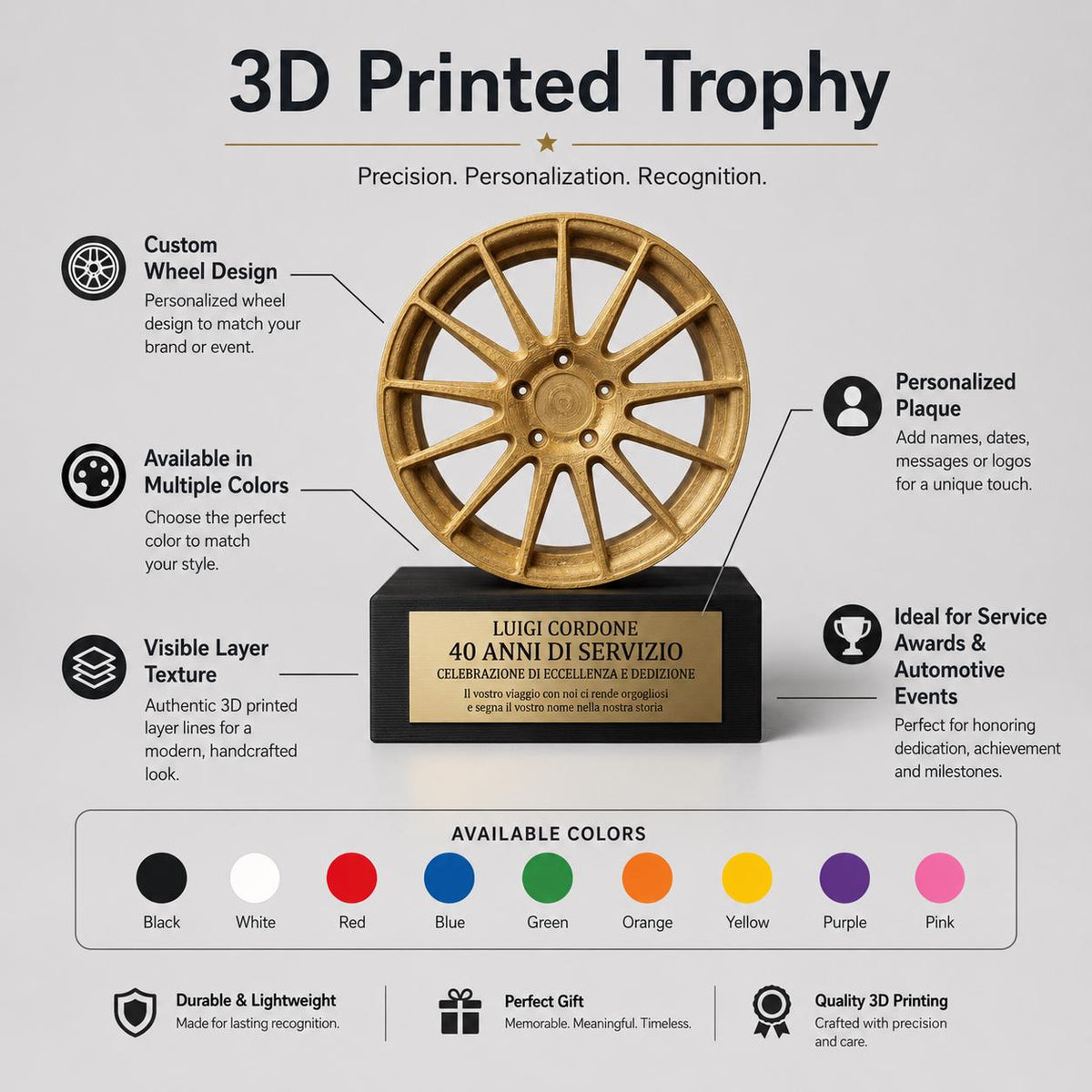 Trofeo Automotive Personalizzato in Stampa 3D | Premio Aziendale con Cerchio Auto e Targa Incisa | Idea Regalo Anniversario Lavoro