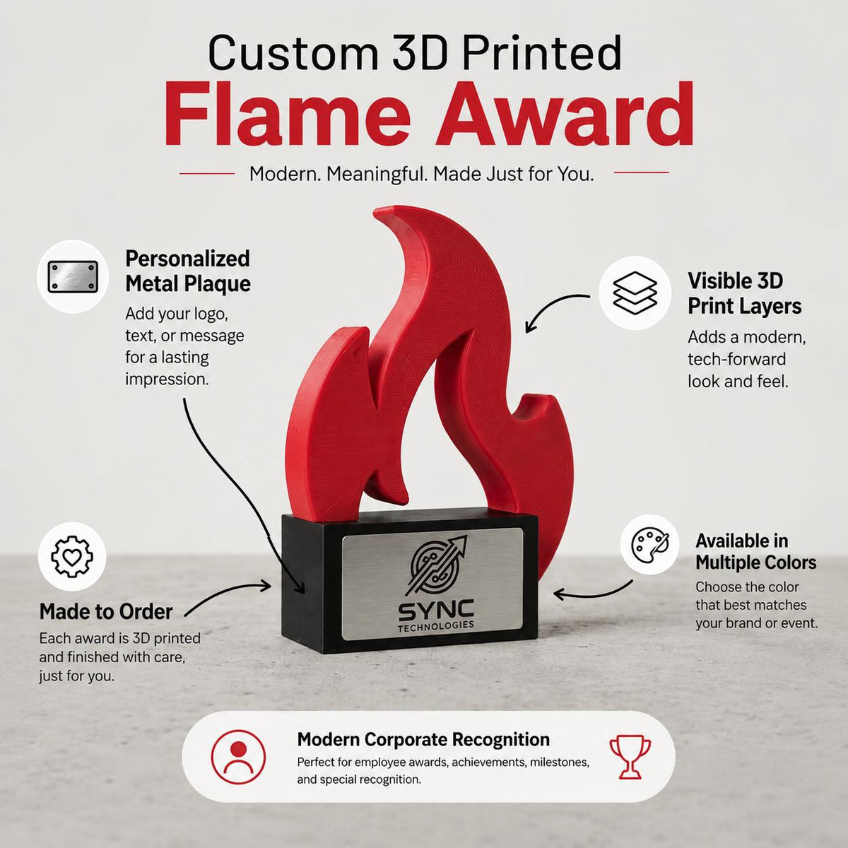 Trofeo Aziendale Personalizzato "Fiamma" in Stampa 3D - Premio Business con Base in Legno Incisa - Riconoscimento Moderno per Leadership