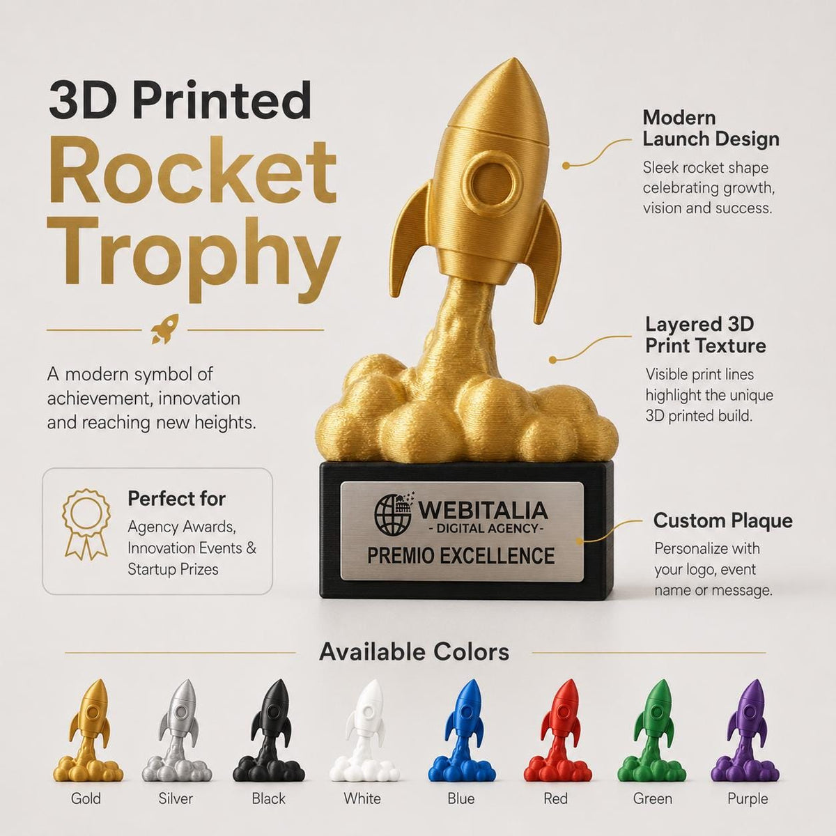 Trofeo Aziendale "Razzo" in Stampa 3D - Premio Business Personalizzato con Base in Legno - Riconoscimento Anniversario e Successi