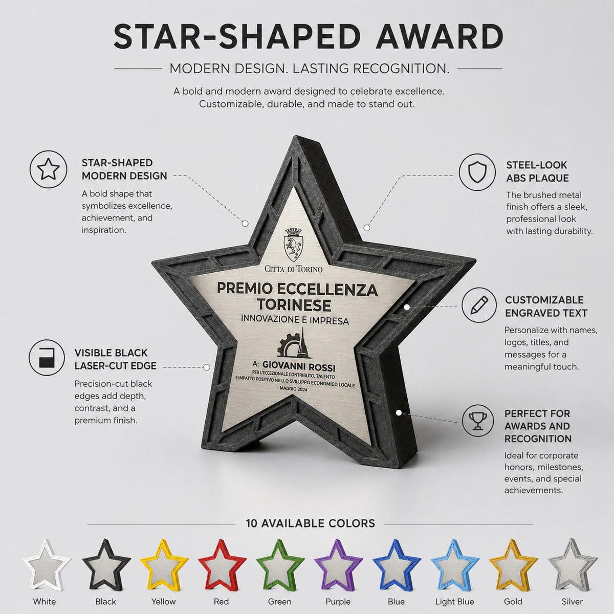 trofeo in stampa 3d a forma di stella con abs acciaio Personalizzato - Design Unico, Regalo Aziendale Moderno Trofeo "Stella dell'Eccellenza