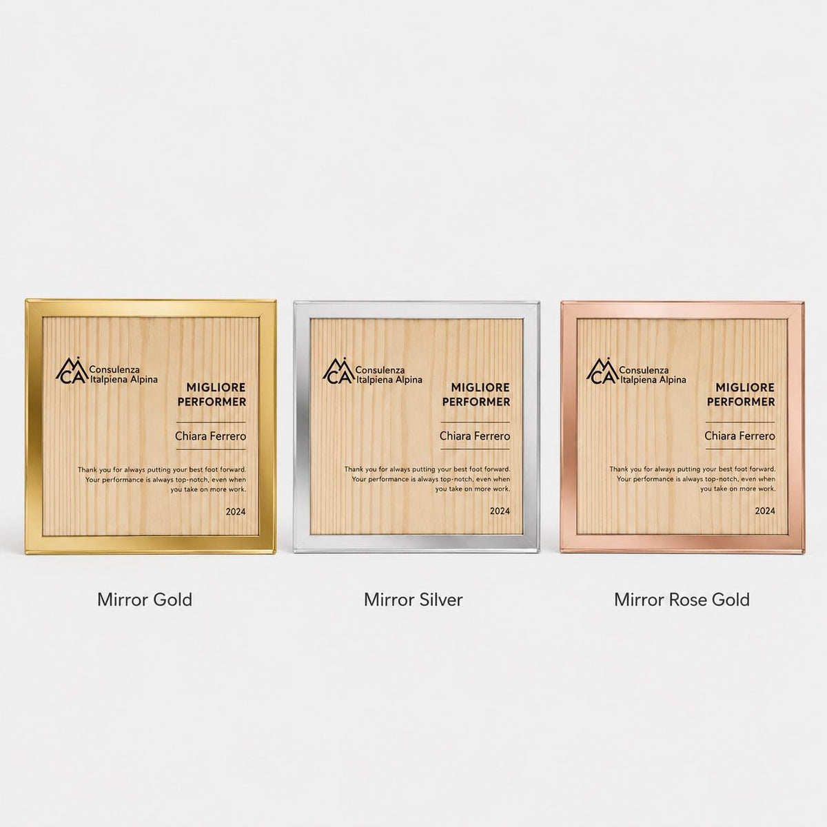 Trofeo in legno quadrato oro rosa ecosostenibile , premio quadrato personalizzato abbinato a cornice flessibile in ottone, targa green