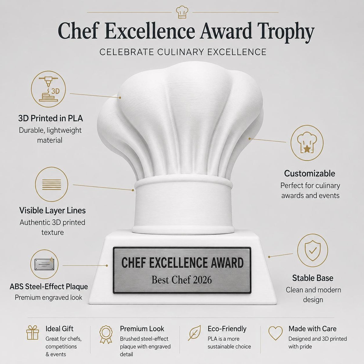 Trofeo Chef Personalizzato in Stampa 3D, Premio Cucina e Pasticceria, Gara Gastronomica e Contest Culicario, Regalo per Cuoco con Targhetta