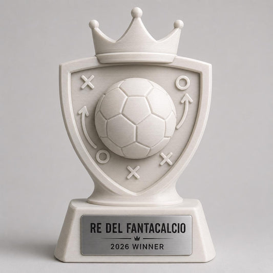 Trofeo Fantacalcio Personalizzato in PLA 3D – Re del Fantacalcio 2026 – Premio Vincitore Lega Fantasy Football con Targhetta Effetto Acciaio
