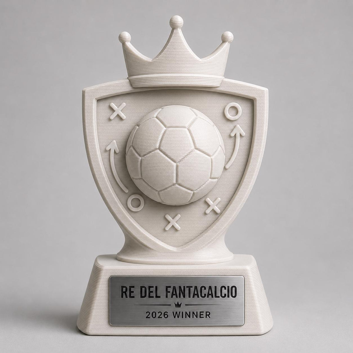 Trofeo Fantacalcio Personalizzato in PLA 3D – Re del Fantacalcio 2026 – Premio Vincitore Lega Fantasy Football con Targhetta Effetto Acciaio