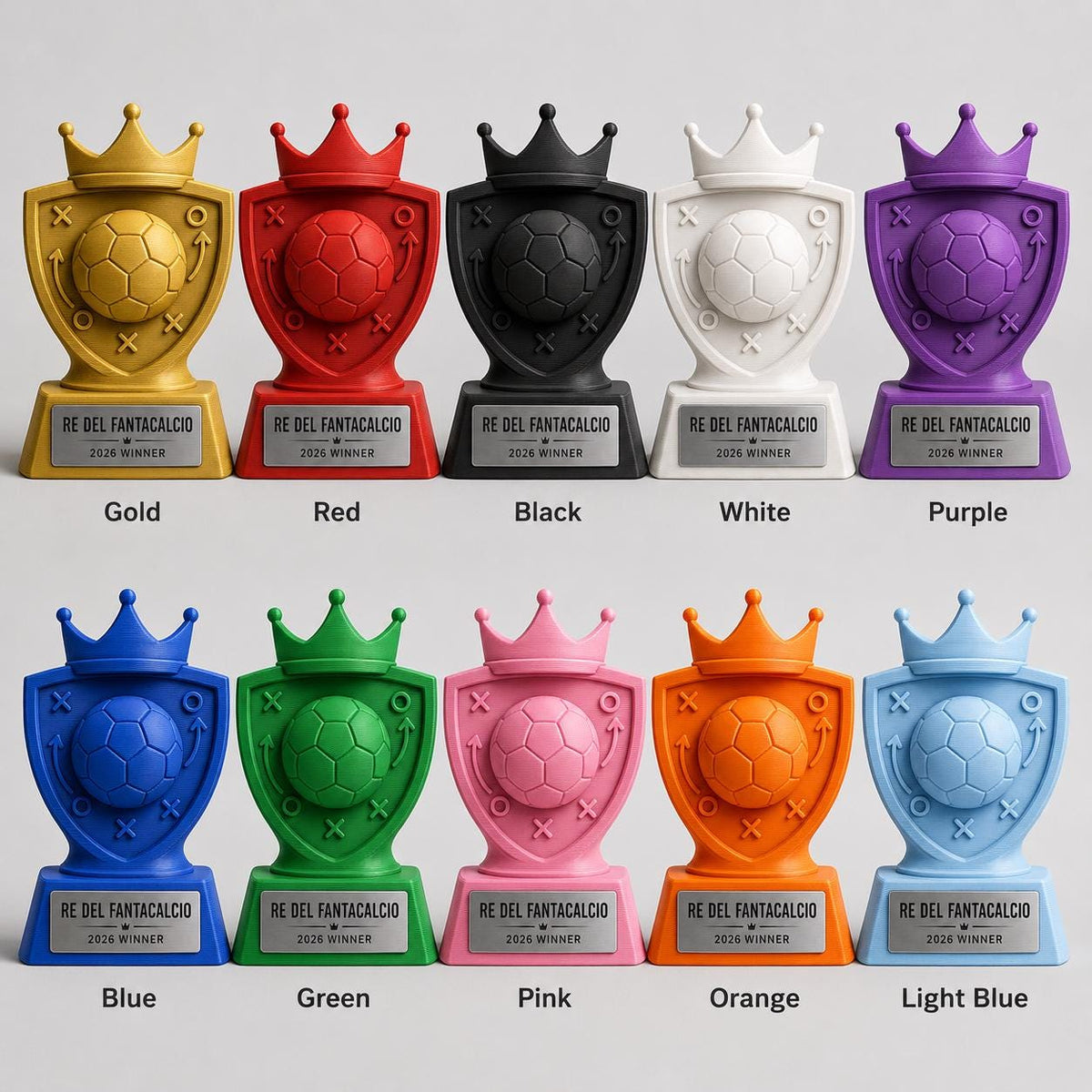 Trofeo Fantacalcio Personalizzato in PLA 3D – Re del Fantacalcio 2026 – Premio Vincitore Lega Fantasy Football con Targhetta Effetto Acciaio