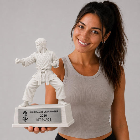 Trofeo arti marziali personalizzato in stampa 3D, premio karate judo taekwondo, martial arts award, targa ABS effetto acciaio, trofeo PLA