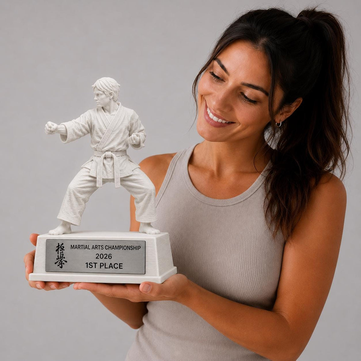 Trofeo arti marziali personalizzato in stampa 3D, premio karate judo taekwondo, martial arts award, targa ABS effetto acciaio, trofeo PLA